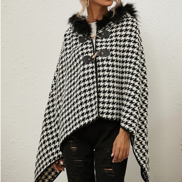 vegan fur black houndstooth poncho jacket coat